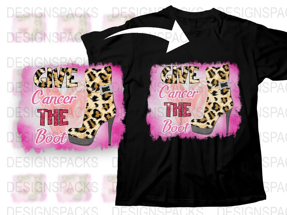 Give Cancer The Boot T-Shirt, Leopard Print, Pink Ribbon Awareness, Support Tee, Graphic Women's Fashion Shirt
