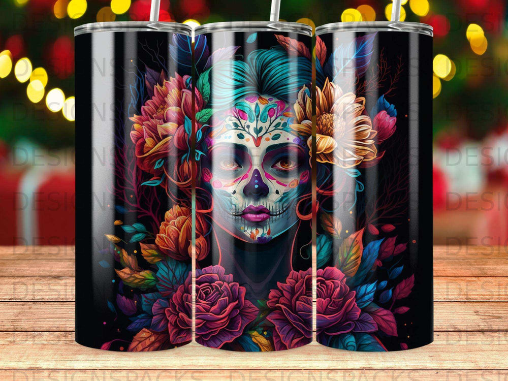 Sugar skull woman with colorful flowers and leaves.