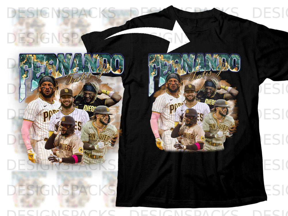 Fernando Tatis Jr. San Diego Padres baseball player graphic on black t-shirt.