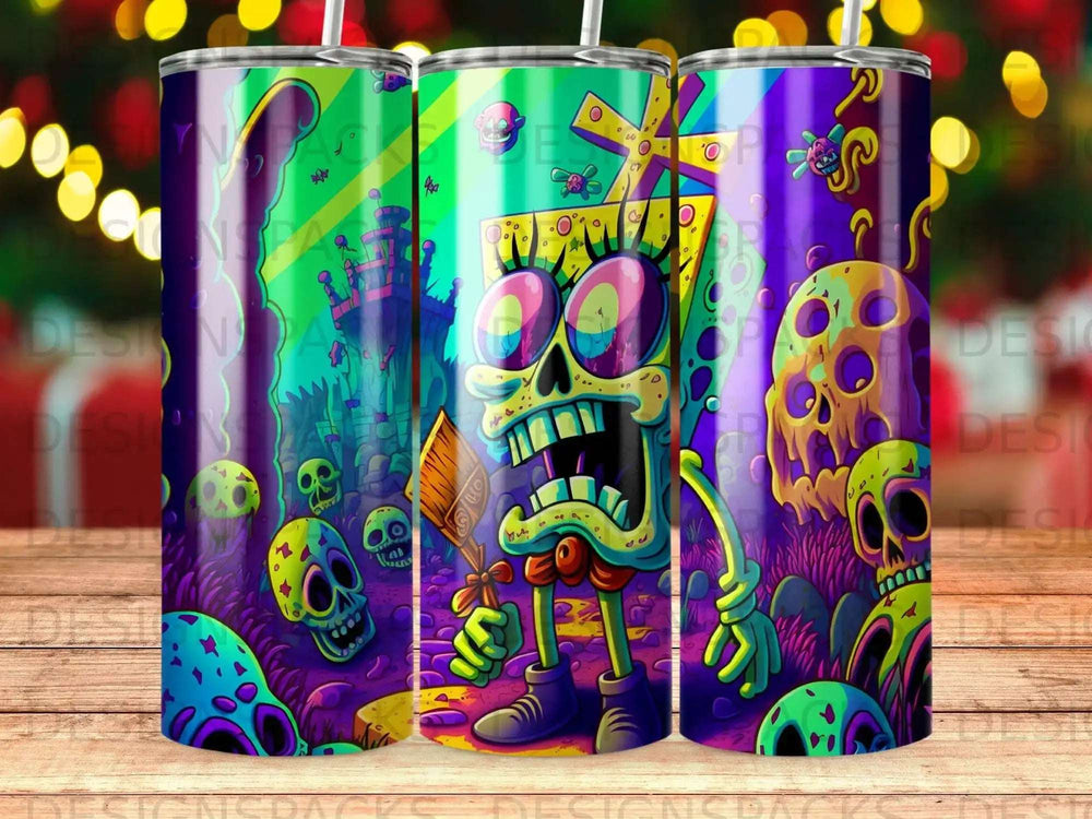 Screaming skeleton character with spooky Halloween-themed background.