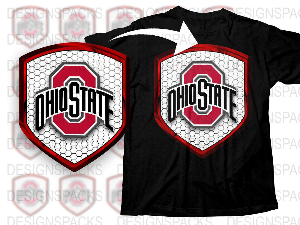 Ohio State Inspired T-Shirt, Hexagon Pattern, College Sports Logo, Black Red Graphic Tee, Fan Apparel