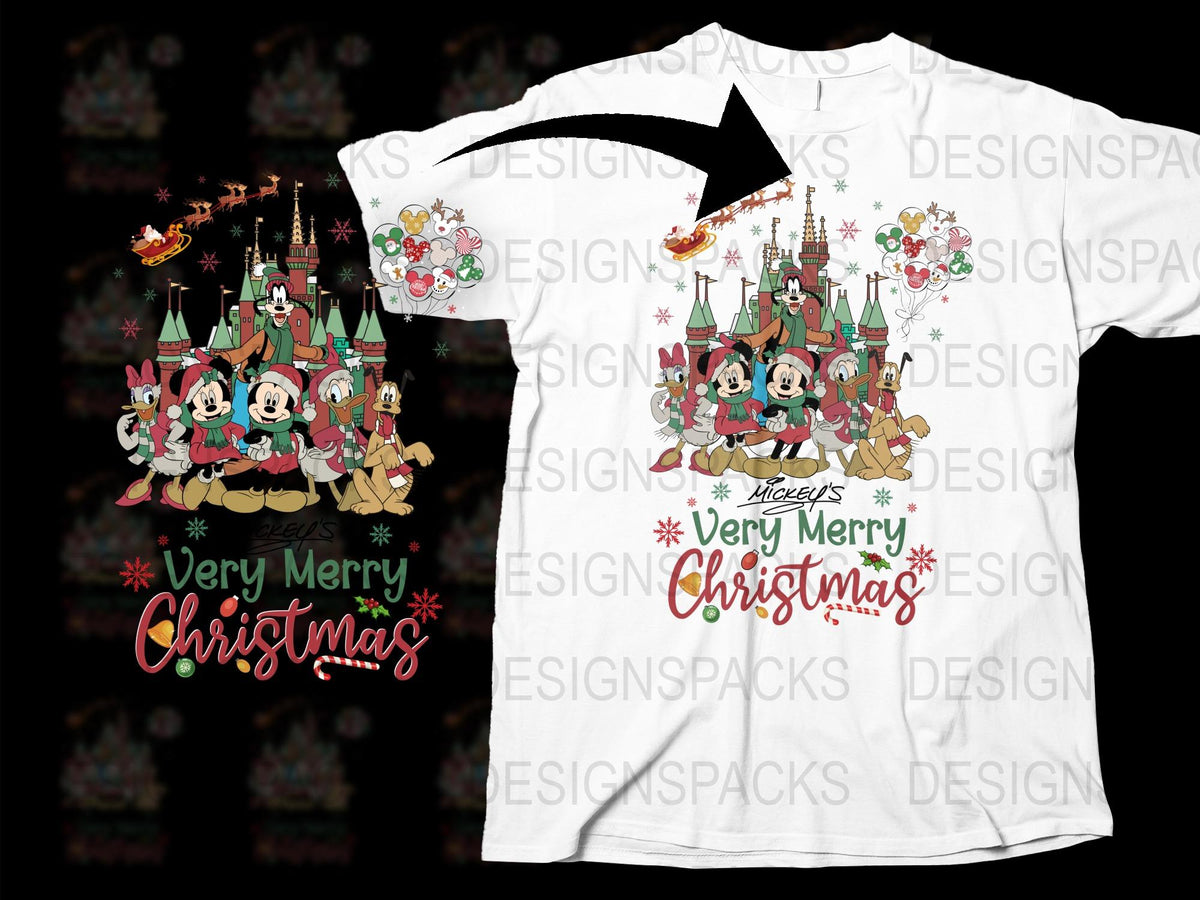 Disney Christmas T-Shirt, Vintage Mickey and Friends Holiday Tee, Festive Castle Design, Unisex Kids and Adult Sizes