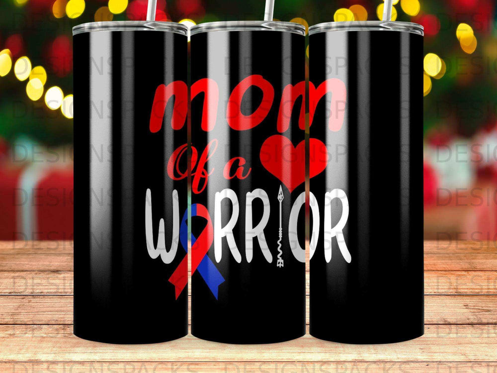 Black tumbler with "Mom of a Warrior" text and red, white, and blue ribbon.