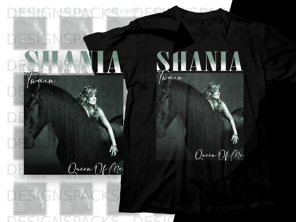 Shania Twain "Queen of Me" album art on black t-shirt.