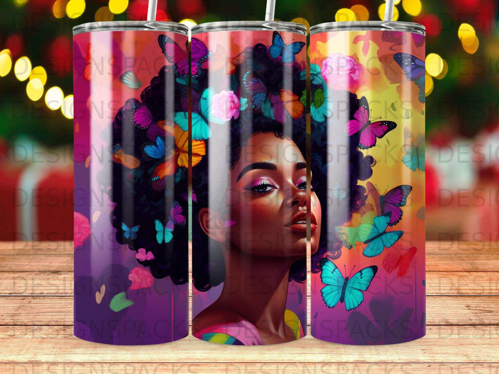 Woman with colorful butterflies in her hair and surrounding her.