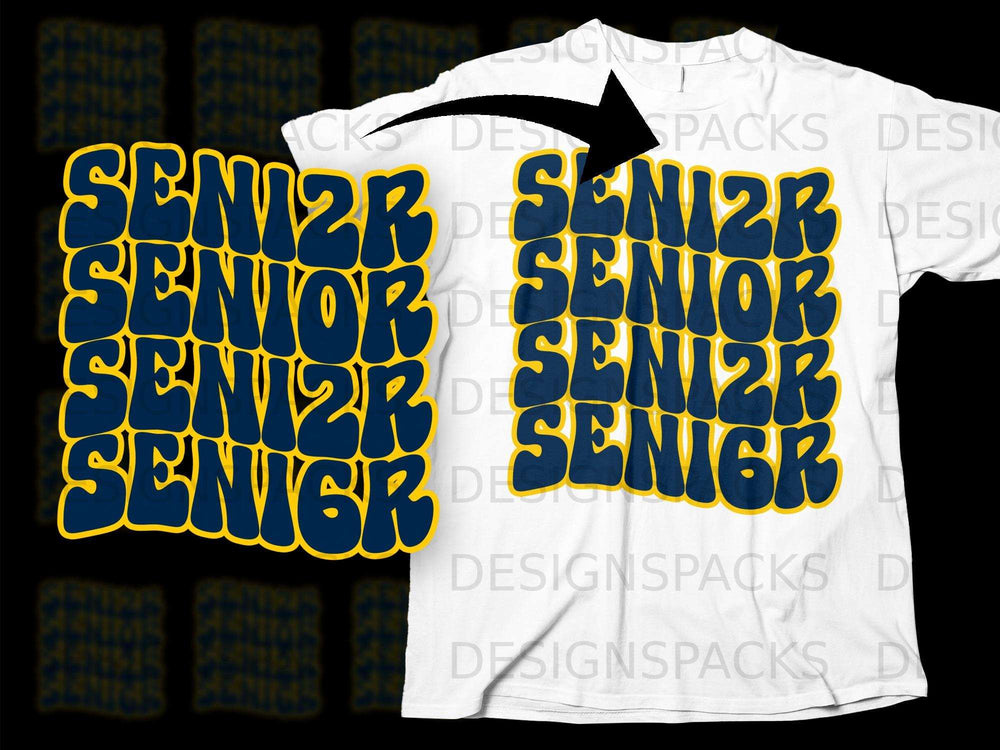 "SENIOR" repeated in navy blue with yellow outline on a white t-shirt.