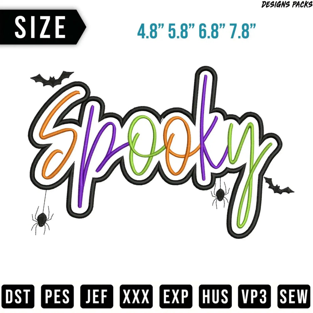 "Spooky" text embroidery design with spider graphics and file format options.