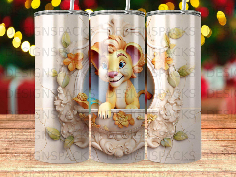 Lion King character Simba peeking over ornate frame on a tumbler.