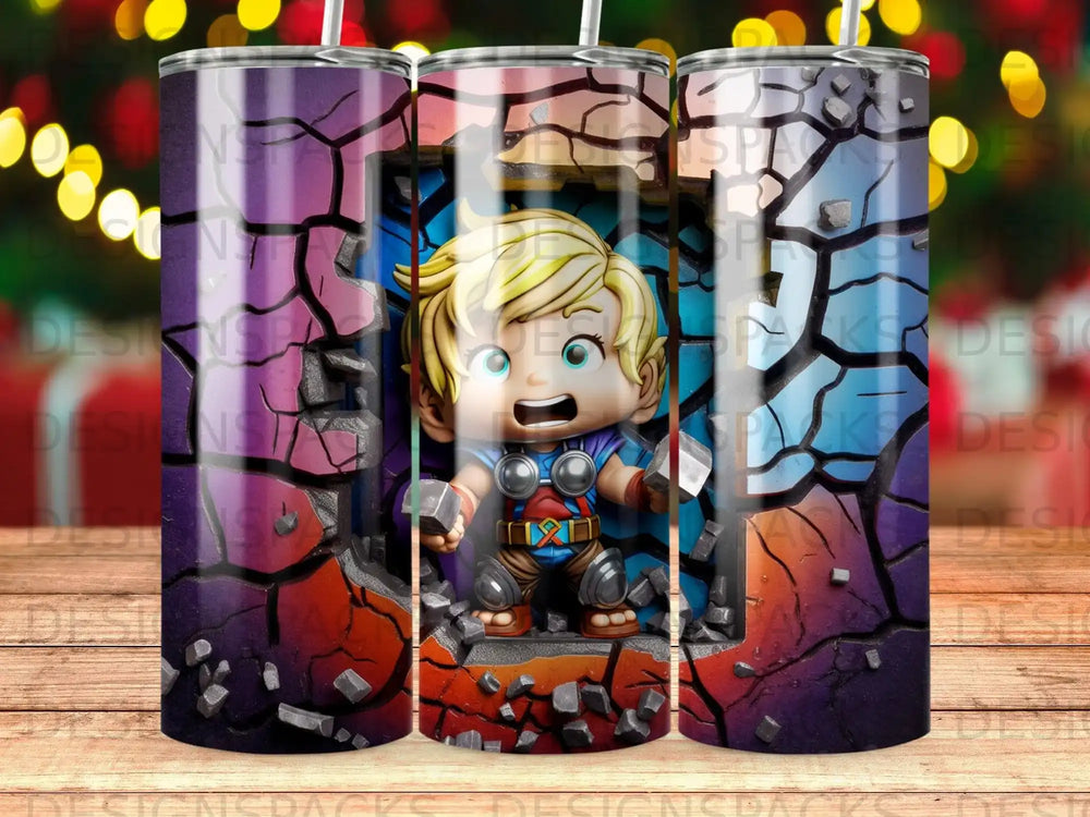 Chibi Thor character bursts through a cracked, purple and pink abstract background.