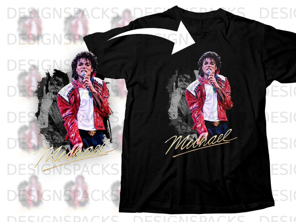 Black t-shirt with Michael Jackson graphic and signature.
