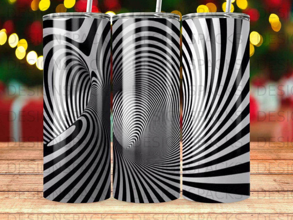 Three tumblers with a black and white optical illusion pattern.