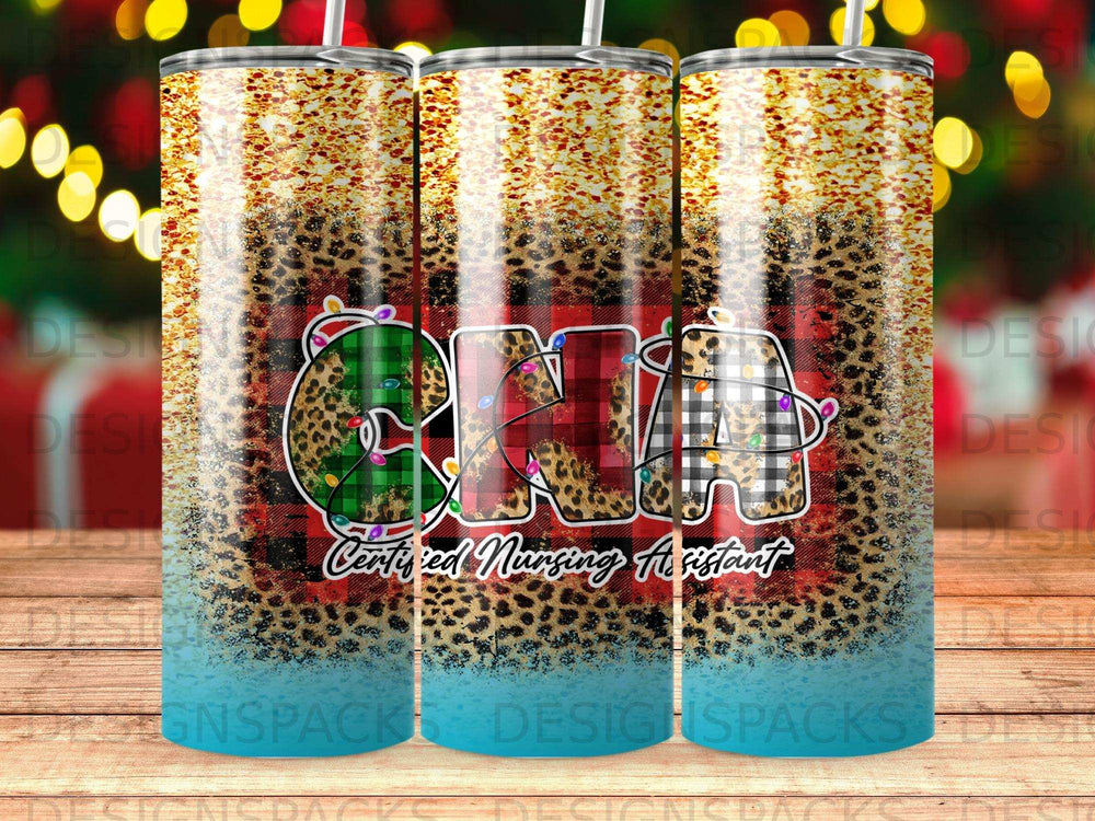 CNA Certified Nursing Assistant tumbler with leopard print and plaid Christmas lights.