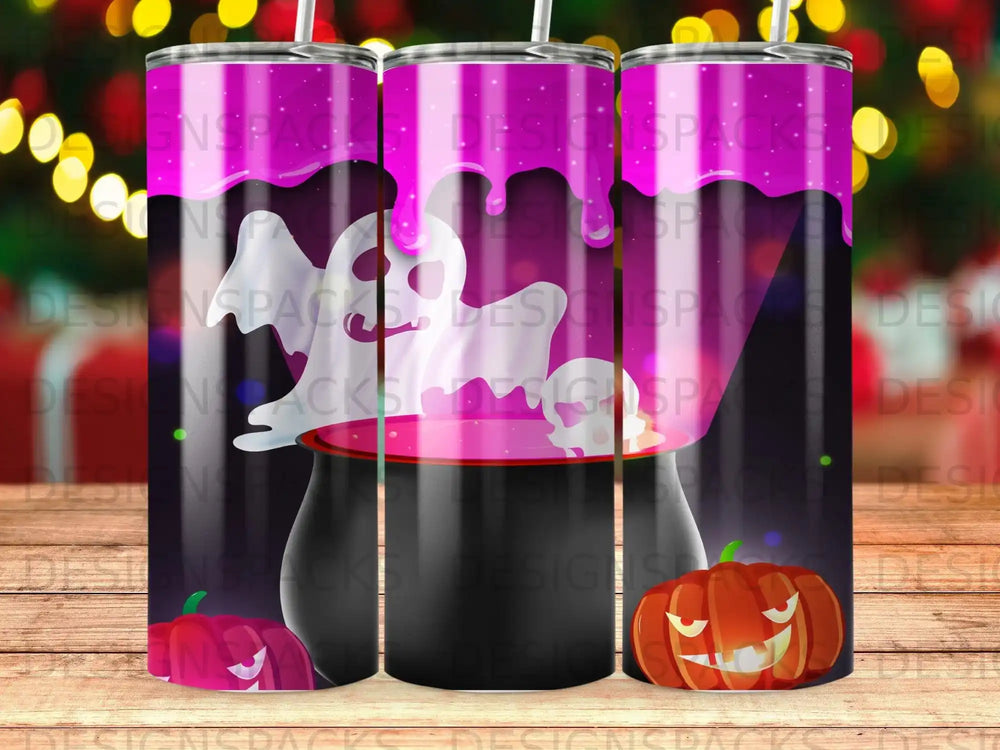 Three tumblers with ghosts, pumpkins, and spooky Halloween patterns.
