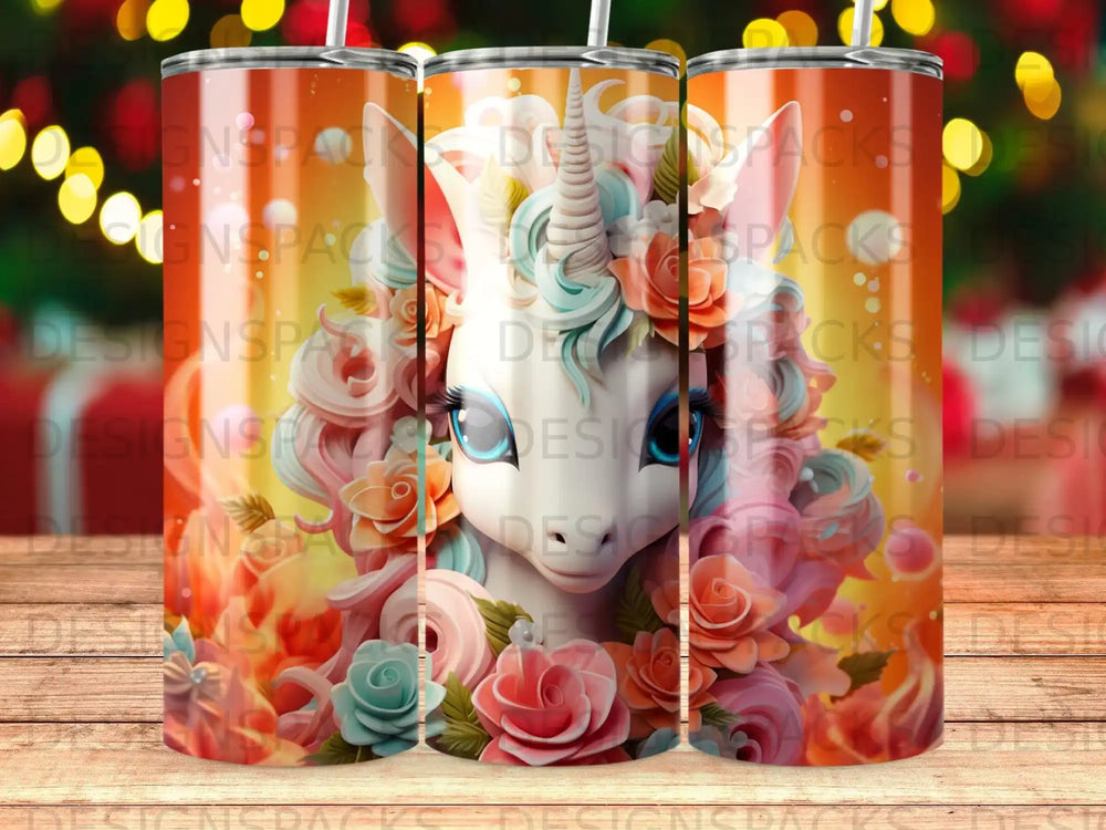 Unicorn with rainbow mane surrounded by pink and blue roses on a patterned background.