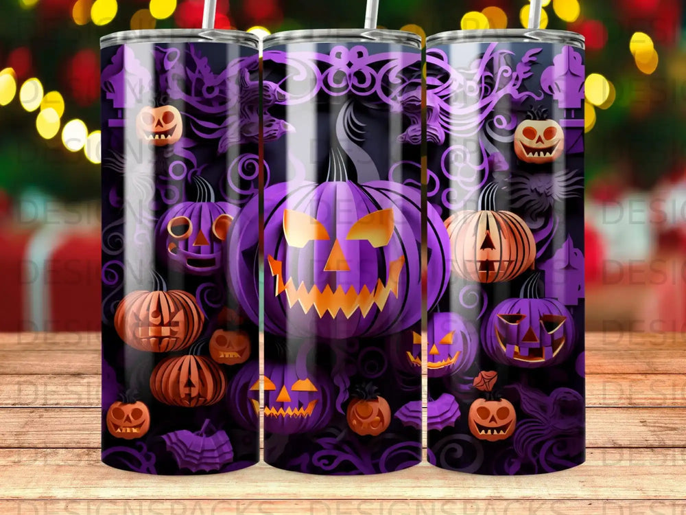 Purple tumbler with carved pumpkins and bats in a spooky pattern.