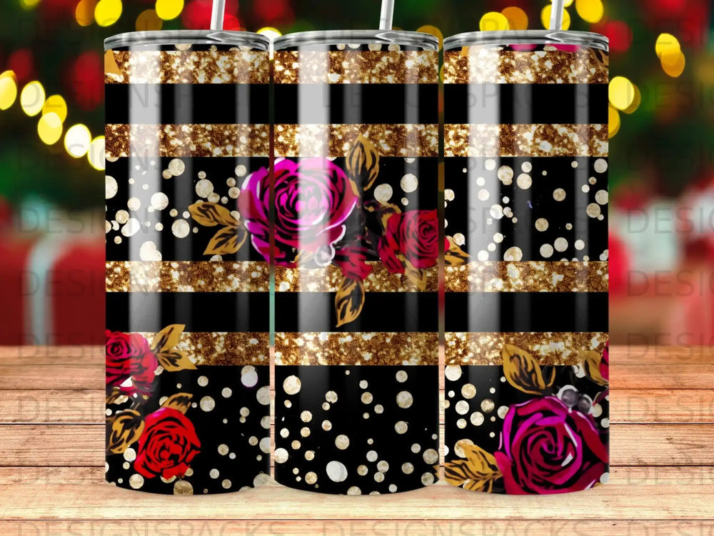 Black and gold striped tumbler with rose and glitter design.