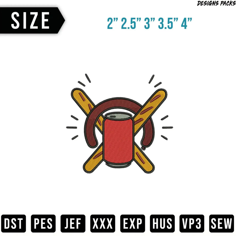 Embroidery design of a can between two crossed hot dogs.