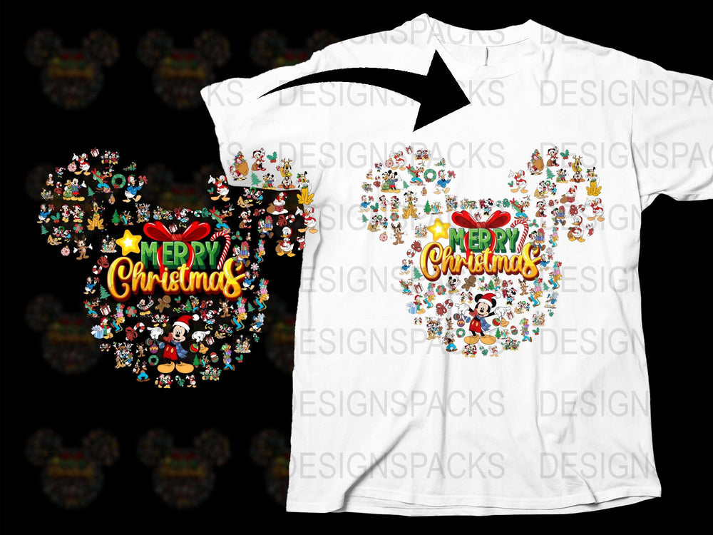 Merry Christmas Disney Characters T-Shirt, Festive Holiday Tee, Cute Cartoon Snowman Print, Unisex Kids and Adults Fashion