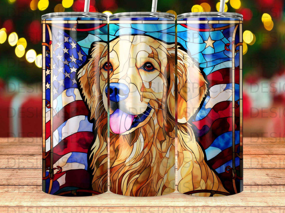 Golden Retriever with American flag stained glass background on tumbler.