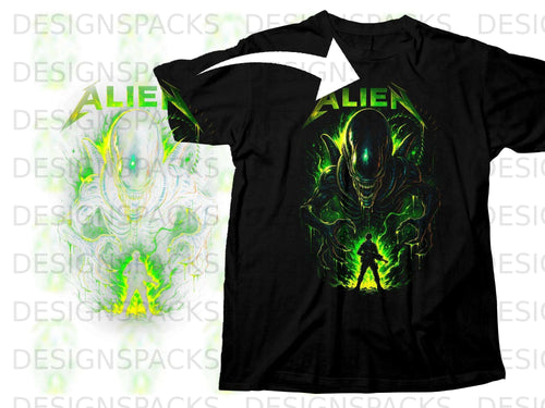 Black t-shirt with a vibrant green Alien graphic and a silhouetted person.
