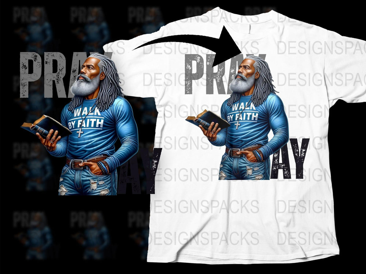 Walk By Faith T-Shirt, Inspirational Message, Religious Graphic Tee, Men's Fashion, White and Blue Shirt