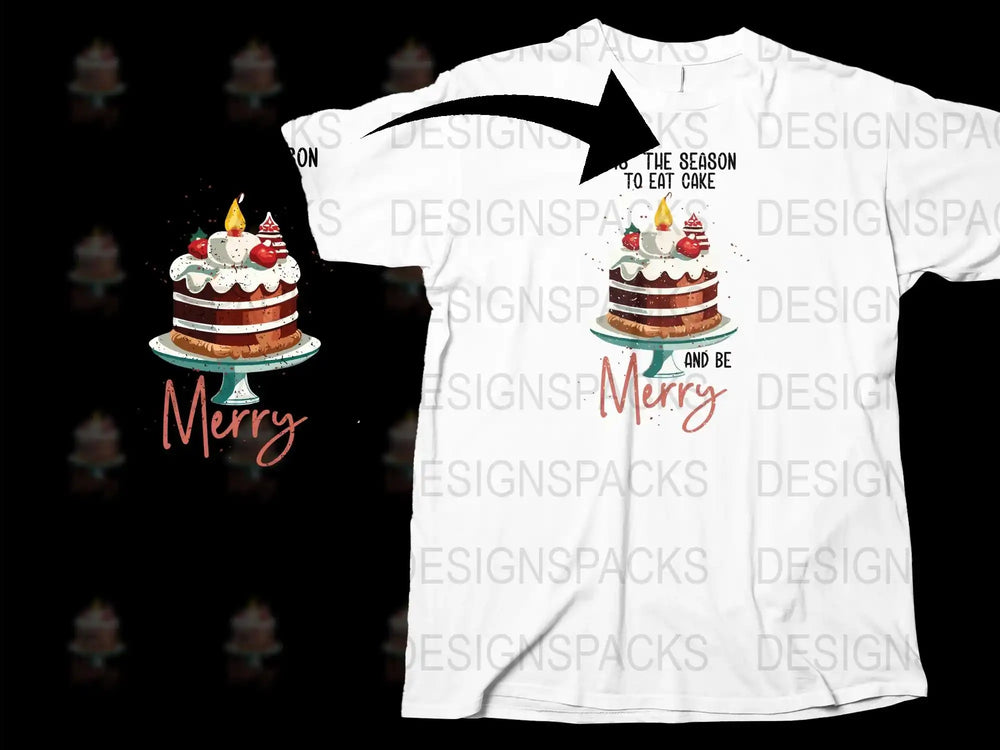 Festive Christmas Cake T-Shirt, Holiday Dessert Graphic Tee, Merry and Bright, Unisex Cotton Shirt
