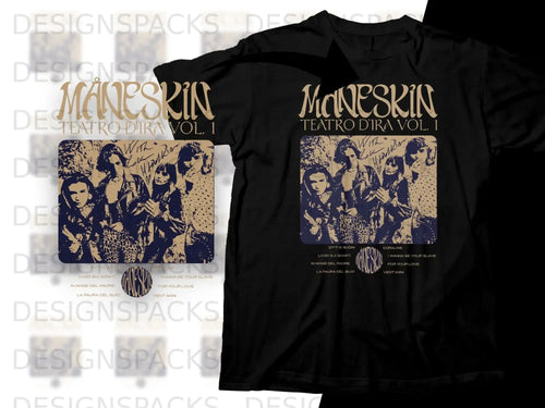 Maneskin Teatro d'ira Vol. I album art on black t-shirt.