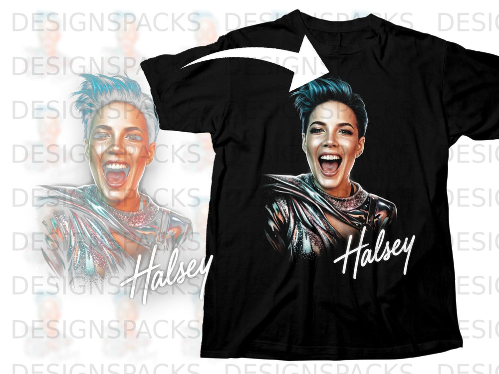 Black t-shirt with a graphic of Halsey, featuring her name below.