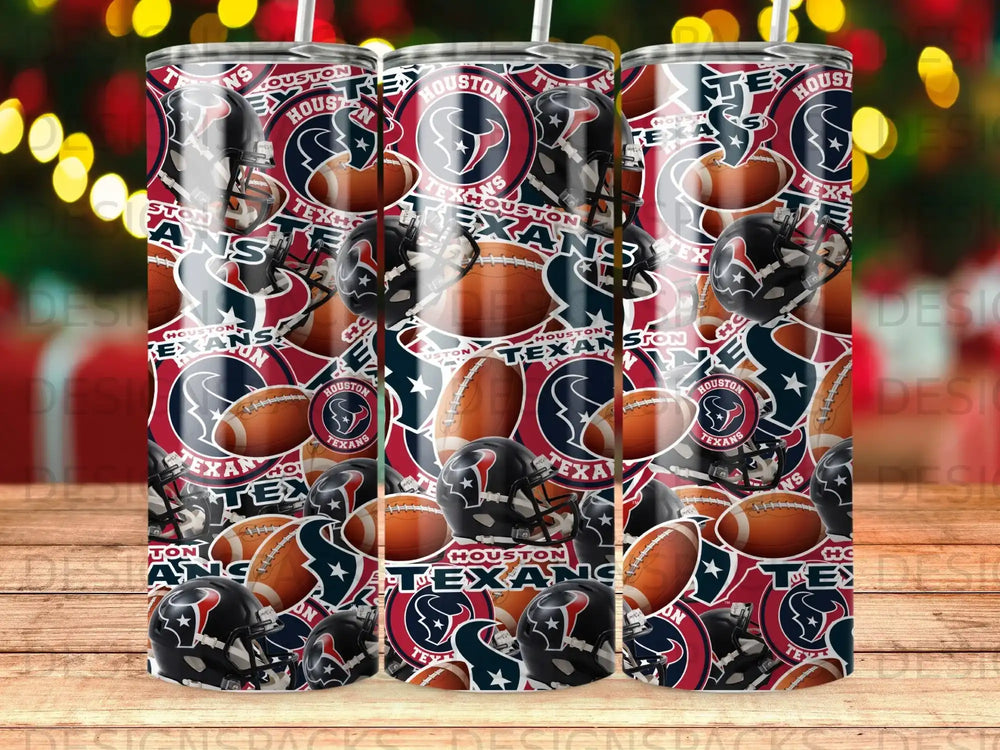 Houston Texans football helmet and helmet pattern on three tumblers.