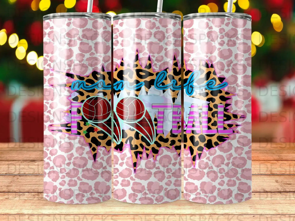 Pink leopard print tumbler with "MOM LIFE FOOTBALL" text and football graphic.