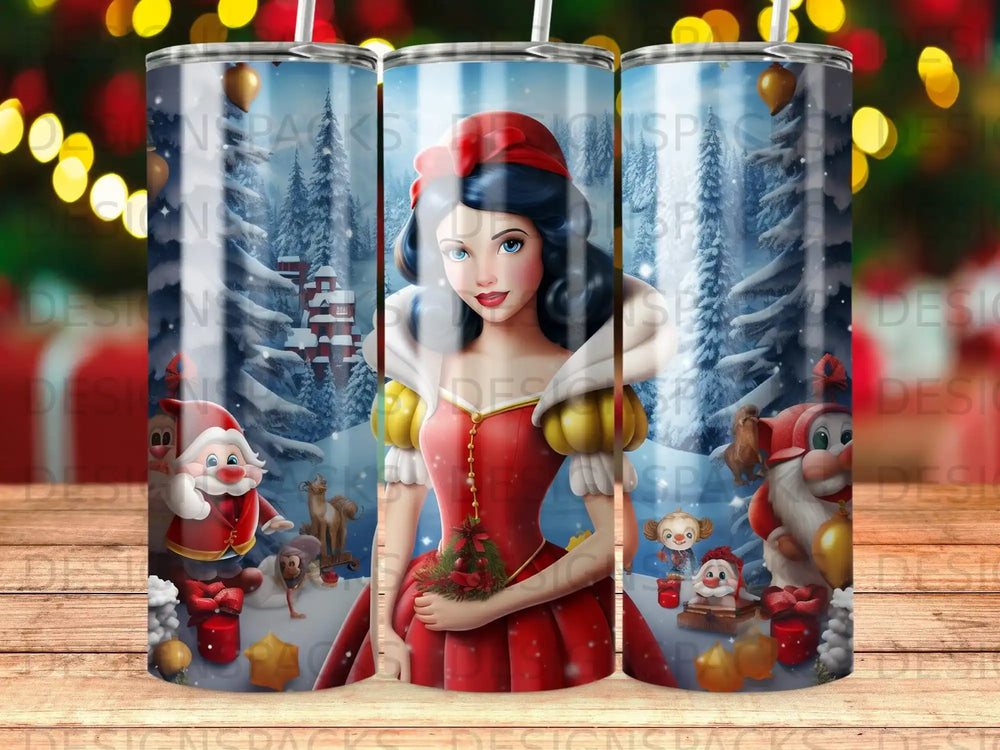 Snow White character with dwarfs and woodland animals in a snowy forest.