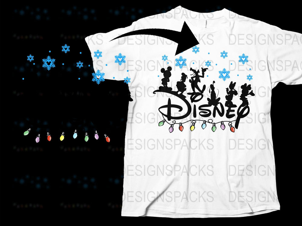 Disney Christmas T-Shirt, Holiday Family Tees, Winter Snowflakes Lights Design, Unisex Kids Adults Clothing