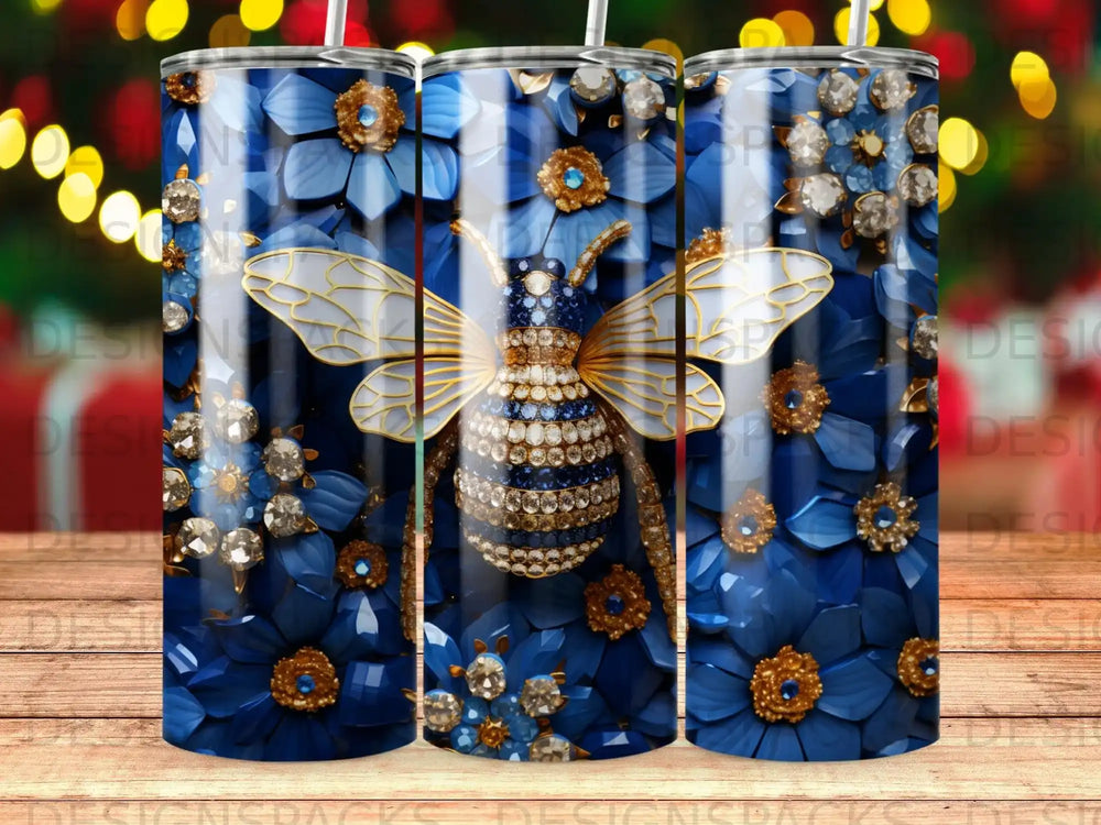 3D bee with blue floral pattern tumbler wrap, sparkling jewel accents.