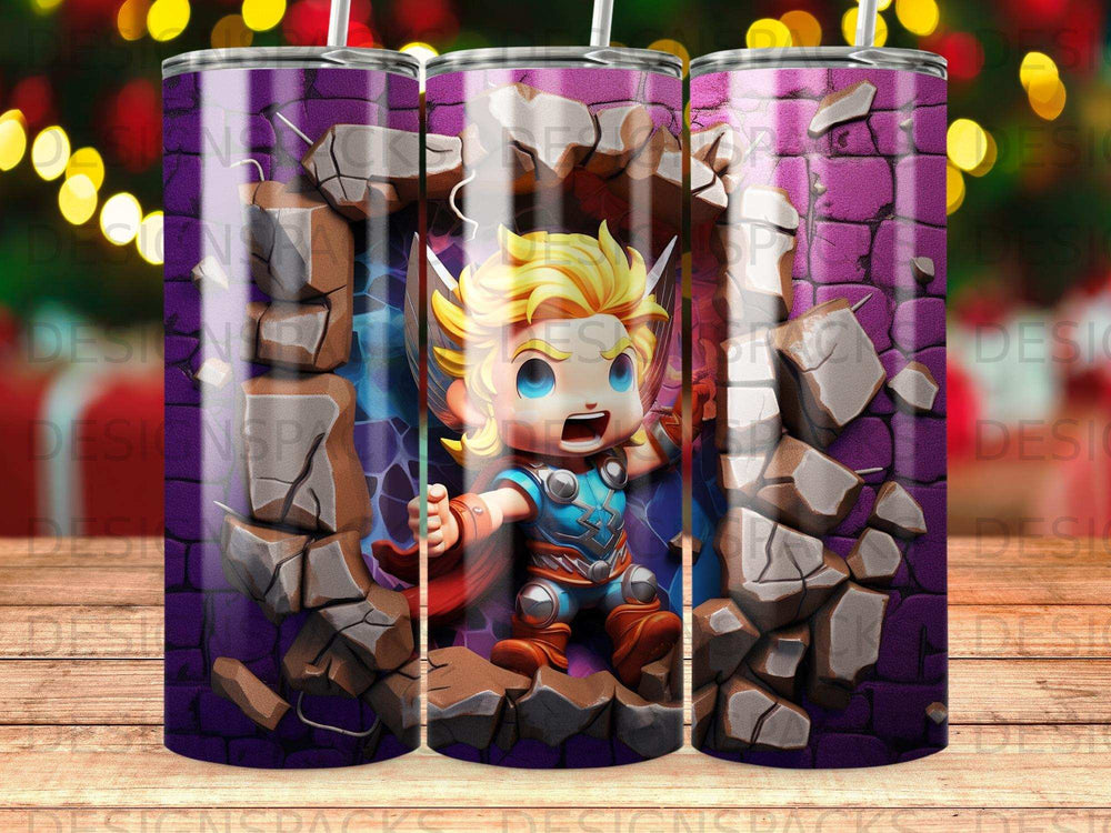 Thor, a cartoon character, breaks through a cracked purple brick wall.