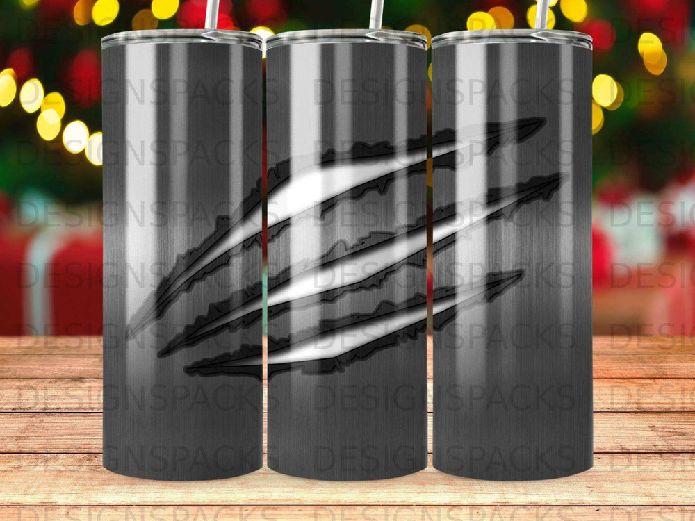 Gray tumbler with claw mark design and faint bokeh background.