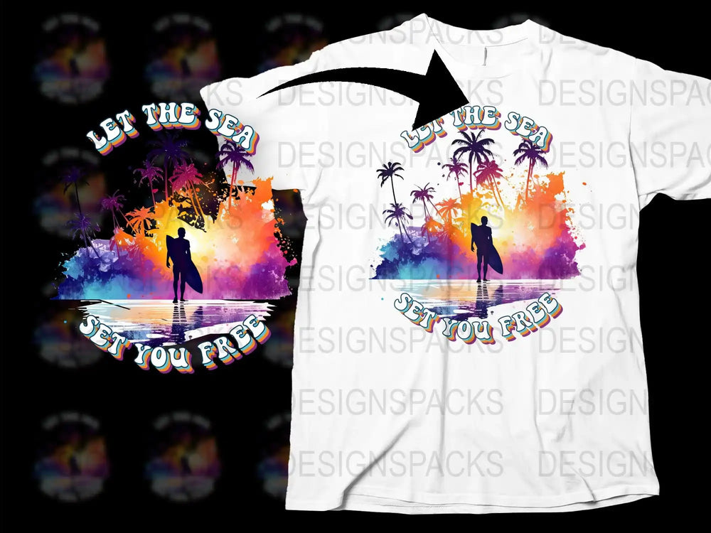 Colorful Beach Sunset T-Shirt, Let the Sea Set You Free, Tropical Graphic Tee, Vibrant Unisex Summer Top