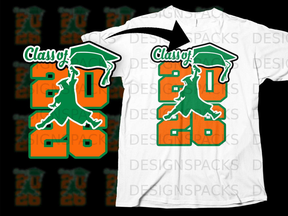 Orange and green "Class of 2026" graduation design with student silhouette.