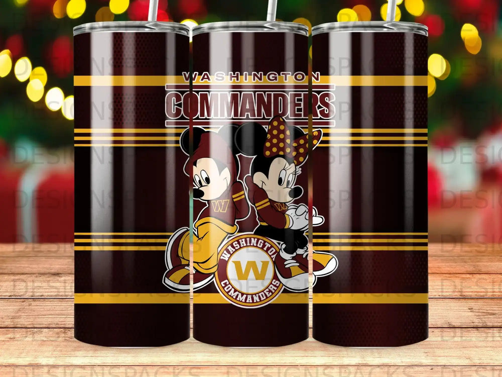 Washington Commanders tumbler featuring Mickey and Minnie Mouse in team colors.