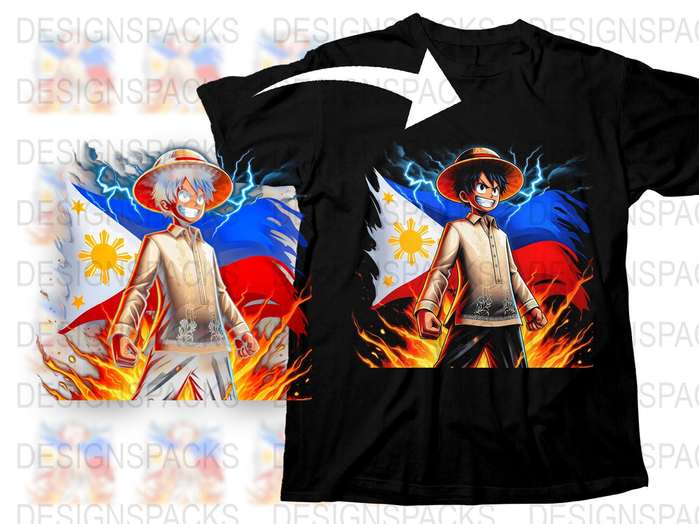 Anime Graphic T-Shirt, Luffy Inspired Fire and Lightning Design, Unisex Manga Tee, Vibrant Character Shirt, Collector Gift Idea