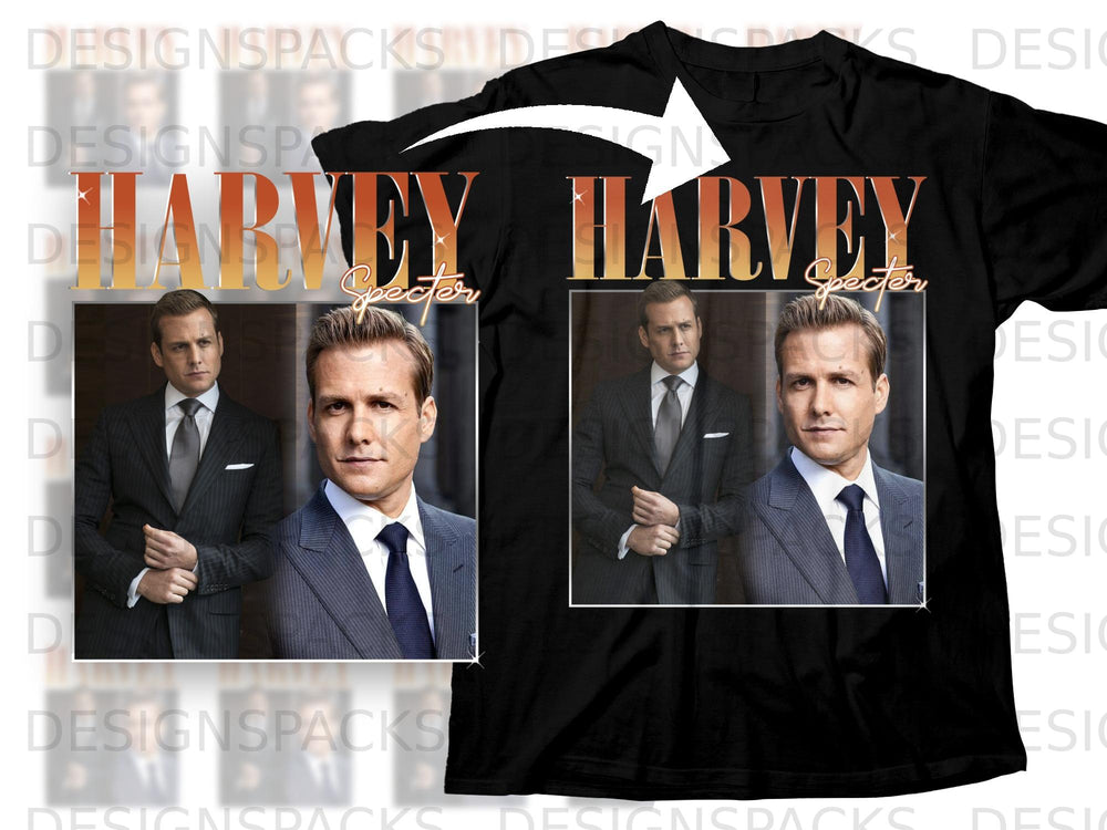 Black t-shirt with "Harvey Specter" text and two images of Harvey Specter.