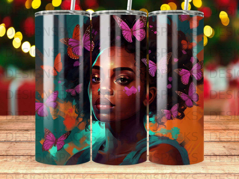 Woman with butterflies in her hair on a colorful, abstract background.
