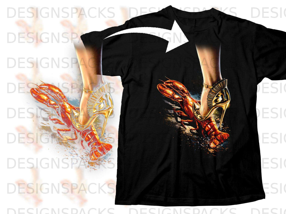 Lobster and high heel shoe graphic on black t-shirt with white arrow overlay.