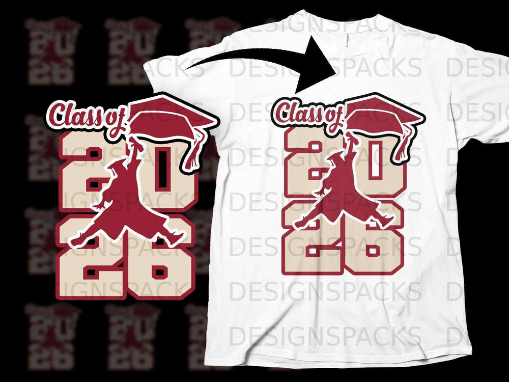 Class of 2026 graduation design with cap and silhouette on white t-shirt.