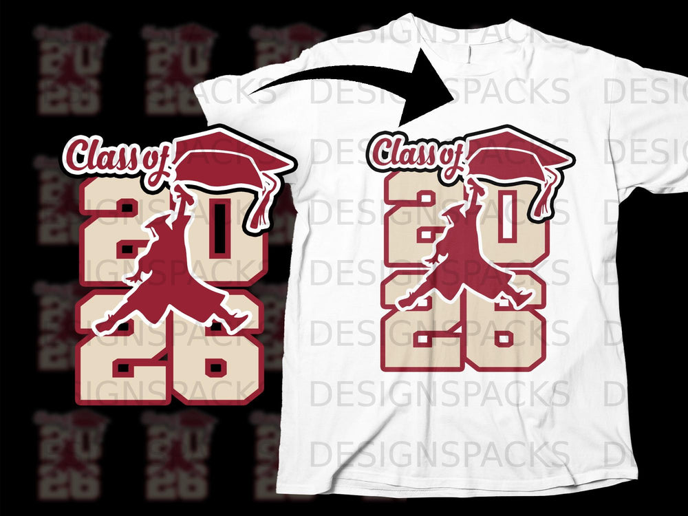 Class of 2026 graduation design with cap and silhouette on white t-shirt.