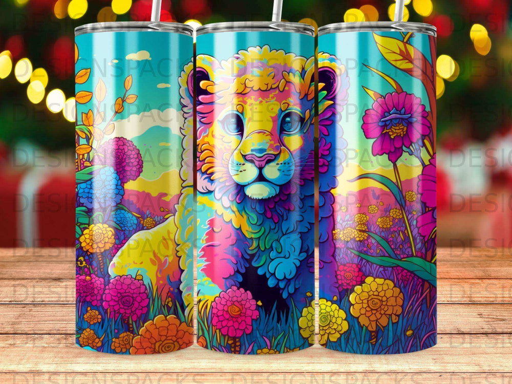 Colorful lion with vibrant flowers and foliage on a cylindrical tumbler.