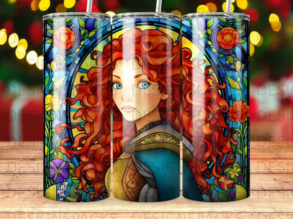 Merida with fiery red hair against a stained glass window background.
