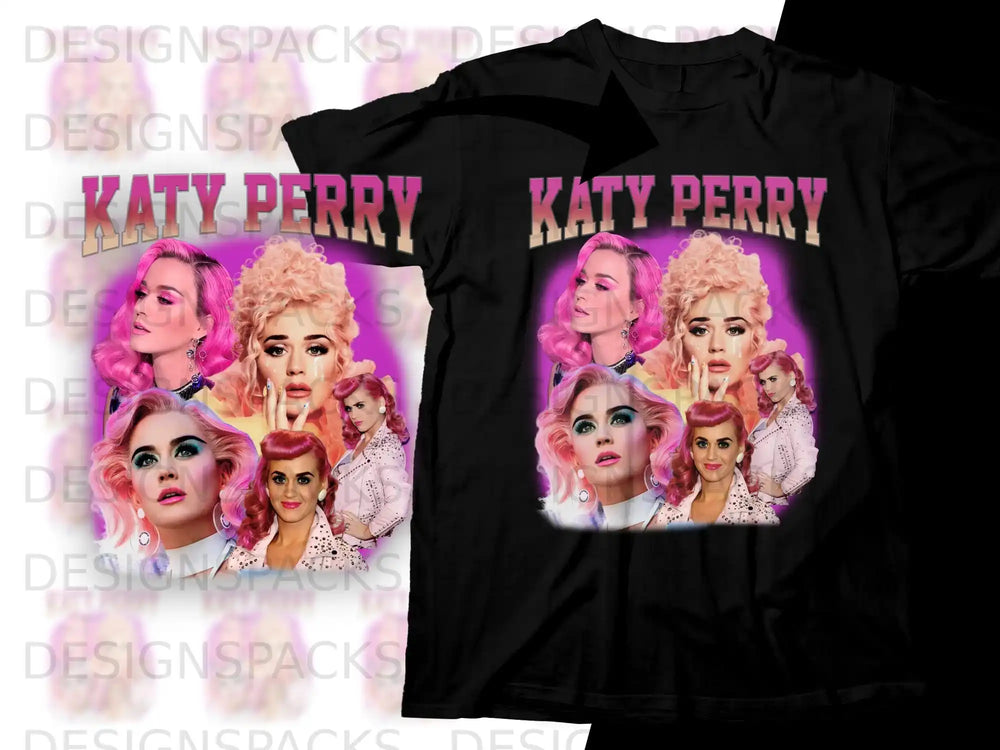 Katy Perry collage with "Katy Perry" text on black t-shirts.