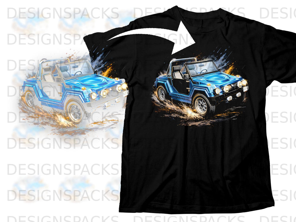 Blue off-road vehicle with splashes of mud and sparks on a black t-shirt.