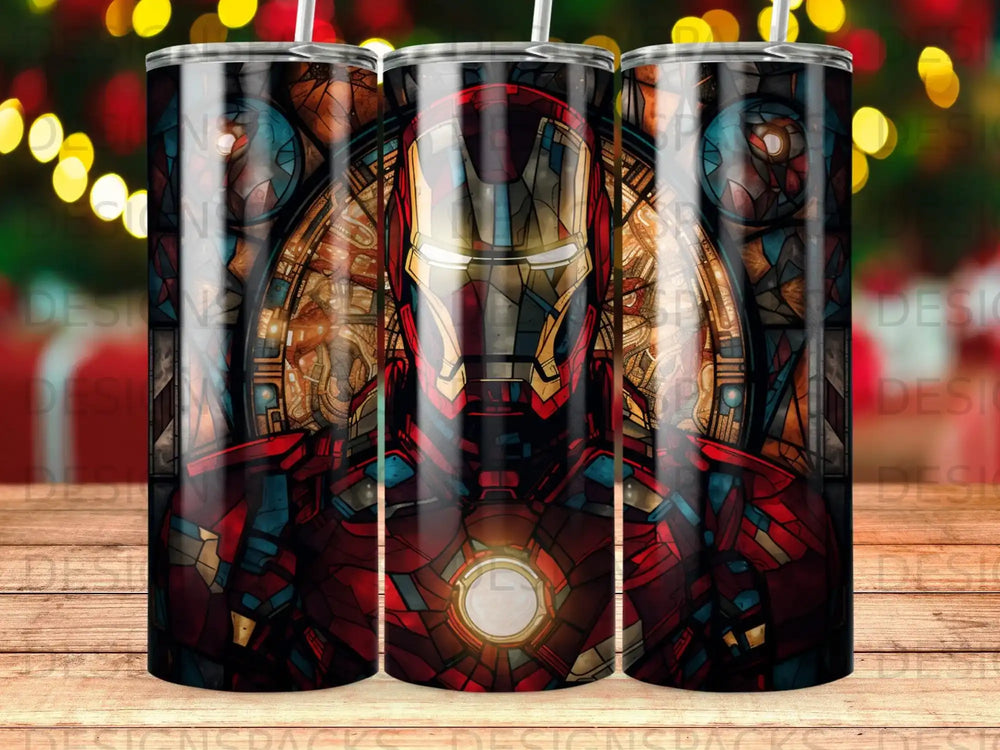 Iron Man stained glass design on a tumbler.