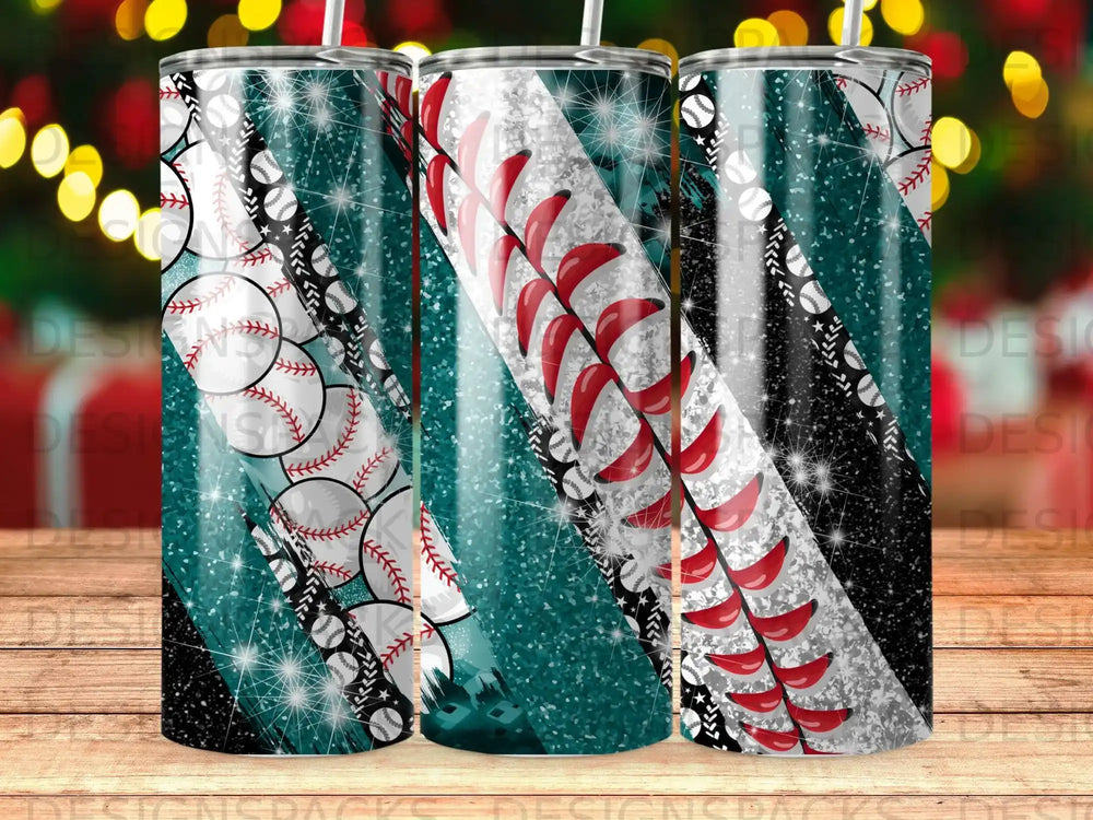 Three tumblers with baseball and glitter patterns.